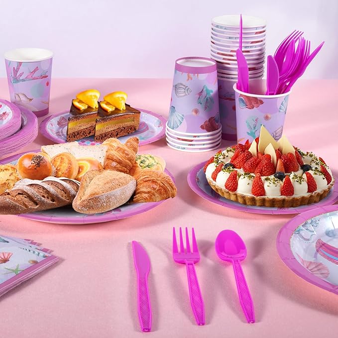 Mermaid Birthday Decorations, 170 Pcs Mermaid Party Supplies, Including Banner, Plates, Cups, Napkins, Cutlery and Tablecloths, Serves 24