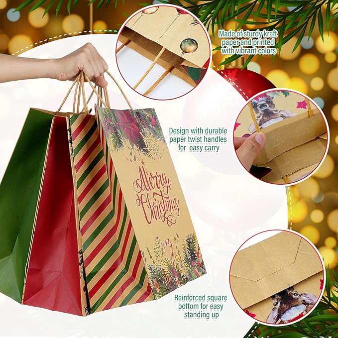 48 Large Christmas Gift Bags with 24 Tissue Paper, 5.1x10x12.6 Inch Bulk Holiday Kraft Paper Bags for Gifts with Handles, 8 Styles Xmas Gift Bags for Wrapping Christmas Holiday Presents Party Favors