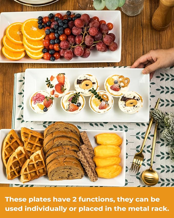 LAUCHUH Large 3 Tier Serving Stand Tiered Serving Trays Collapsible Sturdier Rack with 3 Porcelain Serving Platters for Fruit Dessert Presentation Thanksgiving Christmas Party Display Set, 14 Inch