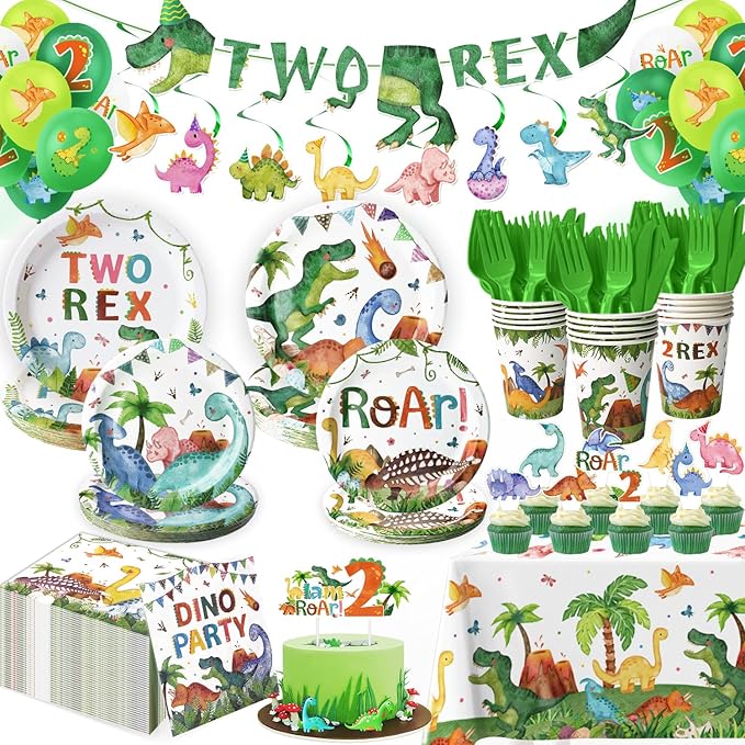 2nd Birthday Dinosaur Party Supplies Set - 197 Pcs for 24 Guests, 2-Rex Theme Decorations with Banner, Balloons, Tableware & Cake Toppers