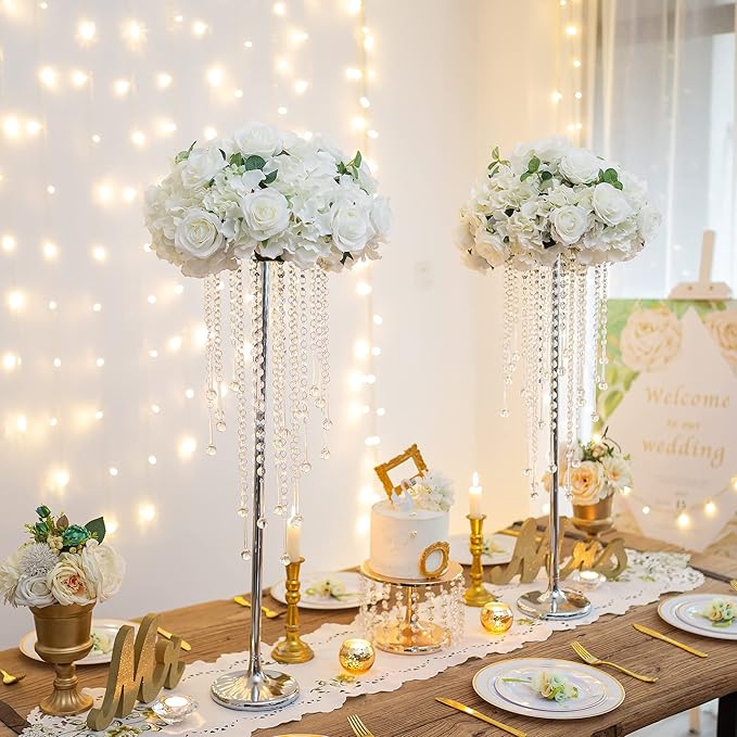 Sziqiqi Silver Tall Vases for Wedding Centerpiece - 29.5in Metal Flower Crystal Centerpieces Stand with Crystal Beads for Event Party Reception Center Piece Floral Arrangements