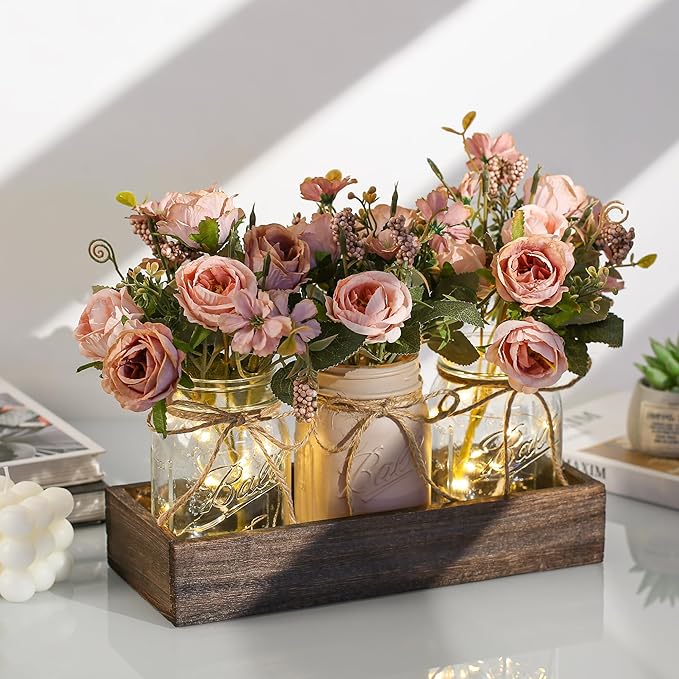 3 Pcs Mason Jar Centerpiece Table Decorations for Dining Table Decor Farmhouse Coffee Table Decor with Wood Tray and Led Light Table Centerpieces for Dining Room Kitchen Living Bathroom,Pink