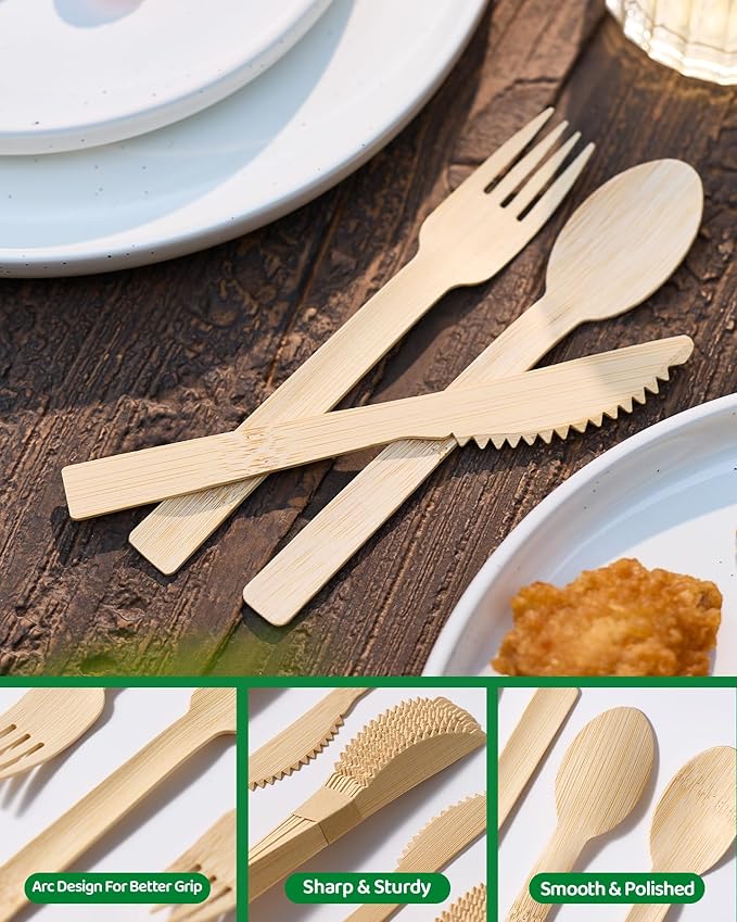 Devot 100% Natural Bamboo Disposable Cutlery Set - 240 Mix (60 Knives, 120 Forks, 60 Spoons) 6.7", Eco Friendly Utensils, Biodegradable, Compostable and Perfect For Weddings, Camping, Party