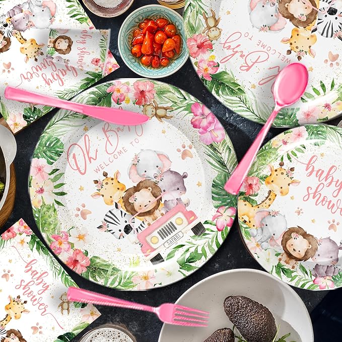 Safari Birthday Supplies Tableware Girl - Safari Jungle Baby Shower Party Decorations Include Plates, Cups, Napkins, Tableware, Wild Birthday Baby Shower Decorations | 24 Guests
