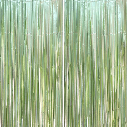 2 Pack Sage Green Foil Fringe Backdrop Curtains, Tinsel Streamers Party Decorations, Fringe Backdrop, Door Shimmer for Baby Shower or Birthday Party
