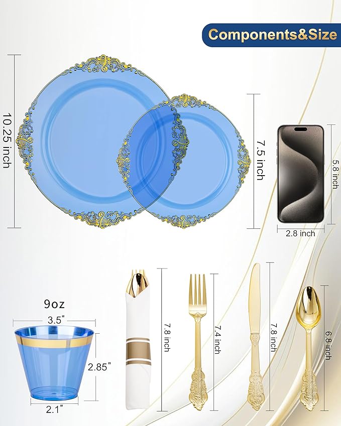 Nervure 175PCS Blue Plastic Plates - Disposable Blue Gold Party Plates & Pre Rolled Napkins with Cutlery for 25 Guests, 50Plates, 75Silverware, 25Cups, 25Napkin for Wedding & Party & Independence Day