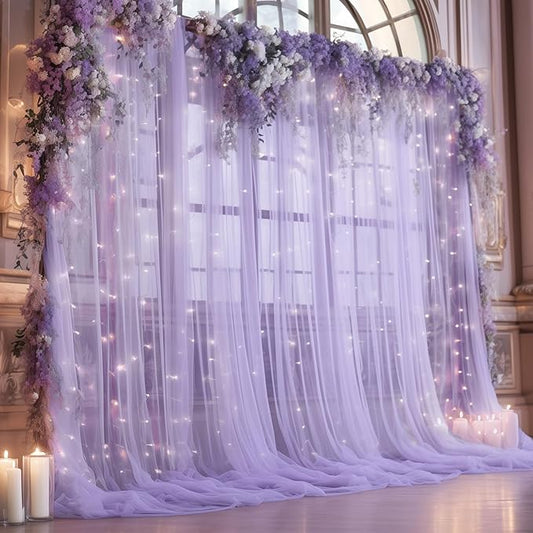 10ft x 10ft Purple Backdrop Curtain with Lights String for Parties, Sheer Tulle Wedding Photo Backdrops Drapes for Baby Shower Birthday Party Decorations Background for Photography
