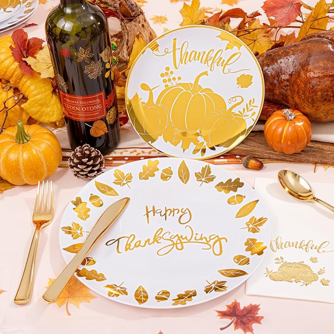 Festiva 176Pcs Thanksgiving Plastic Plates - Heavy Duty Thanksgiving Plates - Thanksgiving Disposable Dinnerware Set include 50 Plates,75 Silverware, 25 Cups, 25 Pumpkins Napkins, 1Tablecloth