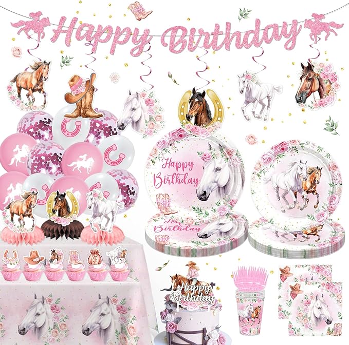 154PCS Pink Western Horse Party Decorations, Cowgirl Horse Party Supplies Plates and Napkins Set, Tableware,Banner, Hanging Swirls, Tablecloth, Balloon,Cake Cupcake Topper,Honeycomb Centerpiece
