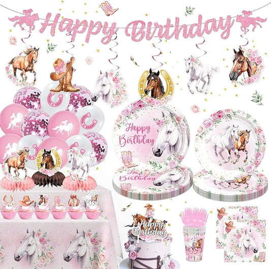 154PCS Pink Western Horse Party Decorations, Cowgirl Horse Party Supplies Plates and Napkins Set, Tableware,Banner, Hanging Swirls, Tablecloth, Balloon,Cake Cupcake Topper,Honeycomb Centerpiece