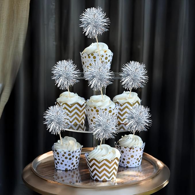 Ephlyn 30Pcs Foil Firework Cupcake Toppers Sparkle Tinsel Cupcake Picks Happy Birthday Cake Toppers Drink Stirrers Cocktail Food Fruit Toothpicks for Baby Shower Birthday Party Supplies Silver
