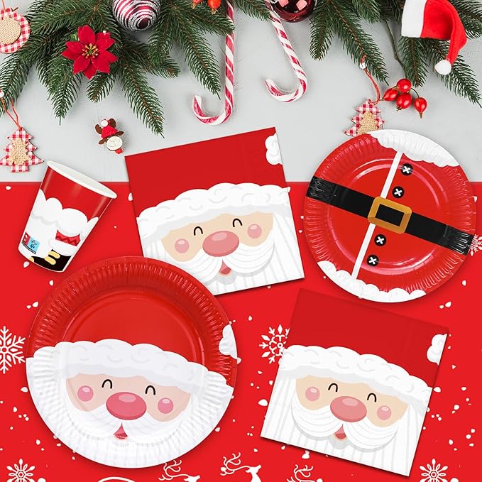 100 Christmas Party Paper Plates Napkins and Cups Set Santa Claus Disposable Dinnerware Set