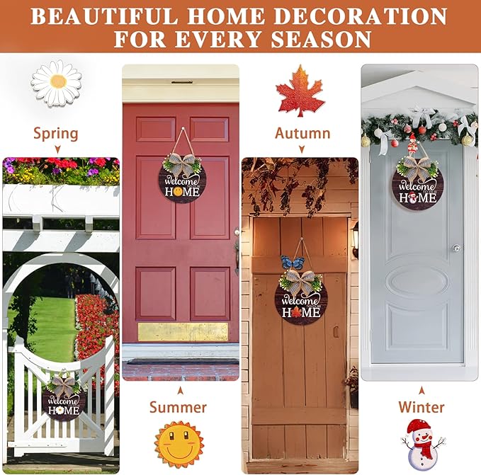Interchangeable Seasonal Welcome Sign Front Door Decorations, Round Wood Wreath for Outdoor, Farmhouse, Porch Perfect for New Home Housewarming Gift, Valentine's, Easter, Christmas Home Decor