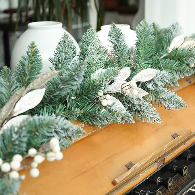 Bdor 6FT Christmas Garland with Glitter Leaves and Berries – Pre-Lit Artificial Pine Garland with Champagne Gold Accents – Elegant Holiday Decoration for Mantel, Staircase, Fireplace, and Front Door
