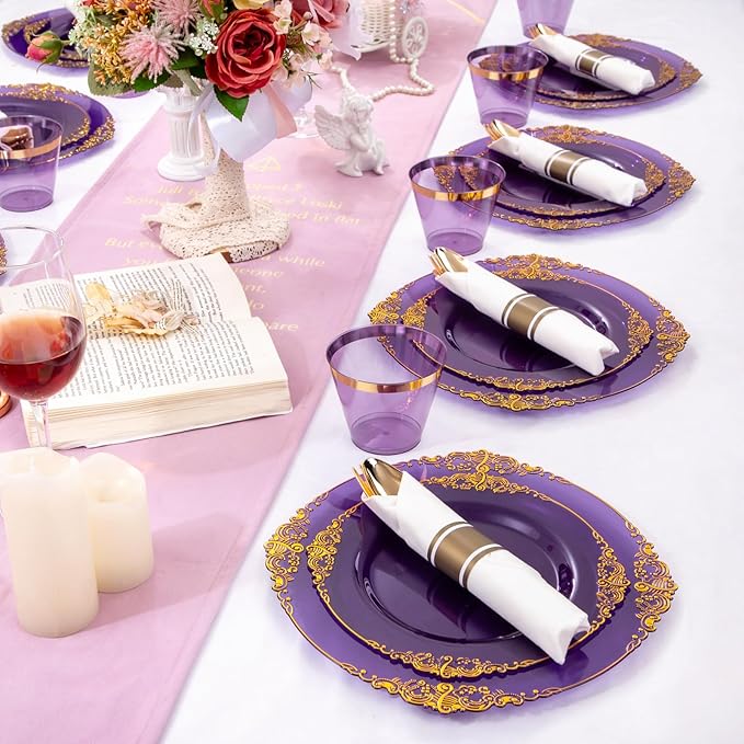 Nervure 175PCS Purple Plastic Plates - Disposable Purple Gold Party Plates & Pre Rolled Napkins with Cutlery for 25 Guests, 50Plates, 75Silverware, 25Cups, 25Napkin for Wedding & Party