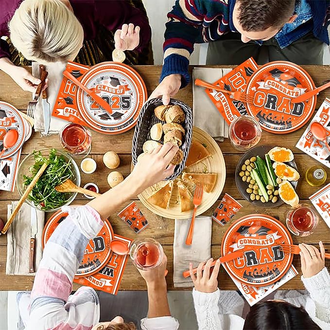 Graduation Decorations Class of 2025 - Orange Graduation Party Supplies 2025 Include Plates, Cups, Napkins, Cutlery, 24 Guests