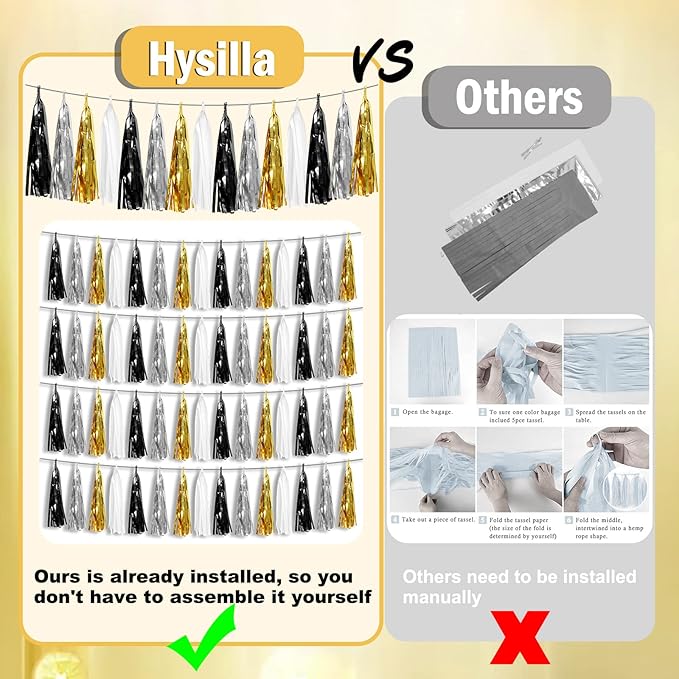 4P Navy-Blue White-Gold Foil Fringe Metallic Tassel-Garland, Tassels Banner Streamers for Parade Floats, Bachelorette, Wedding, Birthday, Halloween, Christmas, Bridal/Baby Shower Party Decorations