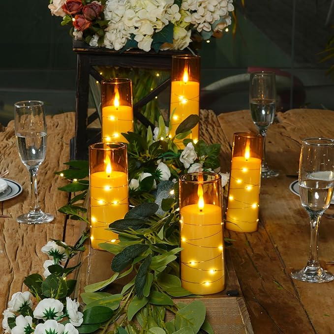 Raycare Flameless Candle with Remote Timer – 5 Flickering Acrylic Battery Operated LED Pillar Candles with Embedded Star String for Christmas, Home Decor, and as a Gift(Glod)