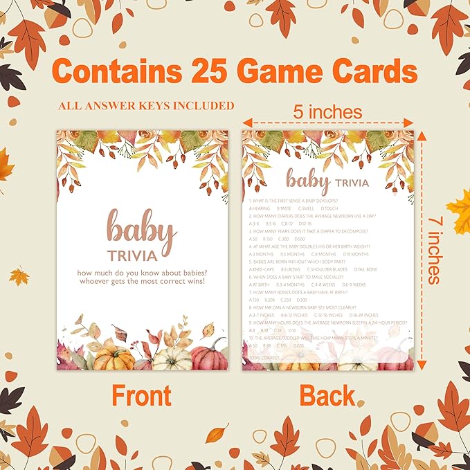 Baby Shower Games Cards, Autumn Baby Trivia Game, Thanksgiving Boy or Girl Baby Gender Reveal Party Favors Decorations and Supplies, 25 Pcs Double-Sided - E05