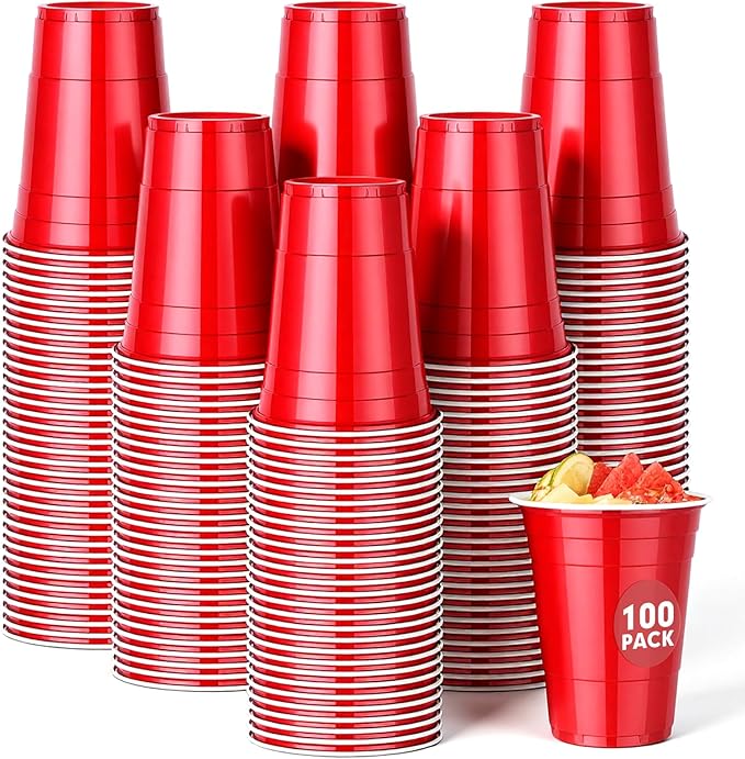 Dualshine 100 Pack Red Plastic Cups 16 oz, Disposable Cups for Party, Heavy Duty Drinking Cup, Graduation Shot Cup for Wedding Birthday Beer Taste Serving Snack Sample Tastings Barbecues and Christmas