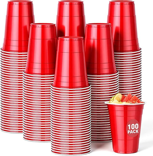 Dualshine 100 Pack Red Plastic Cups 16 oz, Disposable Cups for Party, Heavy Duty Drinking Cup, Graduation Shot Cup for Wedding Birthday Beer Taste Serving Snack Sample Tastings Barbecues and Christmas