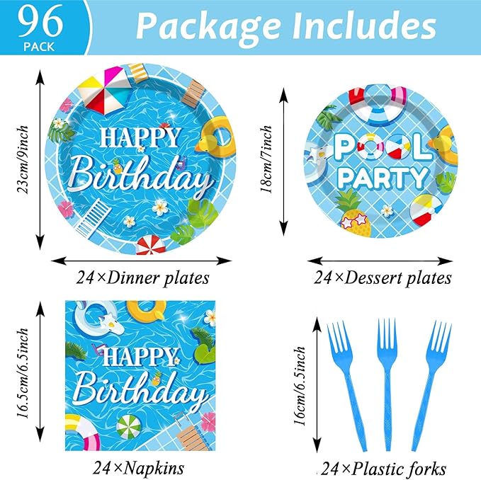 96 Pieces Pool Birthday Party Tableware Set for Summer Beach Table Decorations Supplies Beach Ball Dessert Plates Summer Pool Party Napkins Forks for 24 Guests Hawaiian Birthday Party Favors