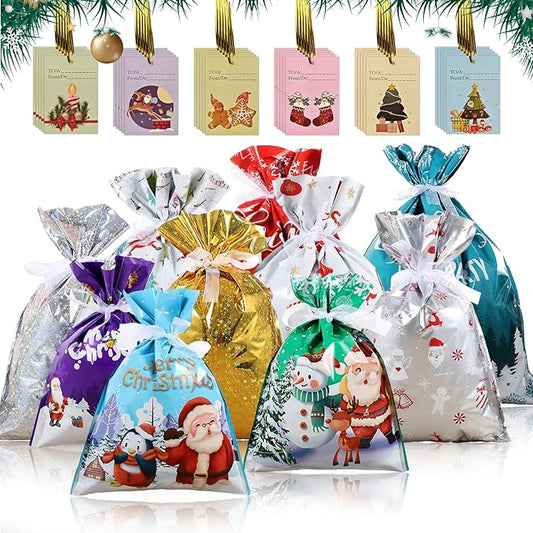 ADDSERK 27PCS Christmas Gift Bags with Tags & Ribbon Ties, Assorted Sizes for Xmas Holiday Present Wrapping & Festival Party Supplies-(Small/Medium/Large)