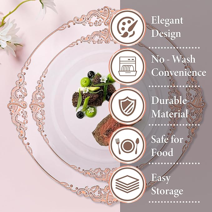 Nervure 175PCS Rose Gold Plastic Plates - Disposable Rose Gold Party Plates & Pre Rolled Napkins with Cutlery for 25 Guests, 50Plates, 75Silverware, 25Cups, 25Napkin for Wedding & Party