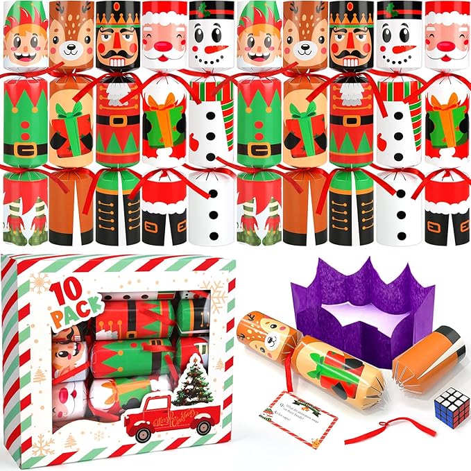 10 Pack Non-Snap Christmas Table Party Favors with Party Hats Joke Little Gifts for Kids Adults, Christmas Cute Characters Design, Xmas Seasonal Holiday Dinner Traditions Supplies