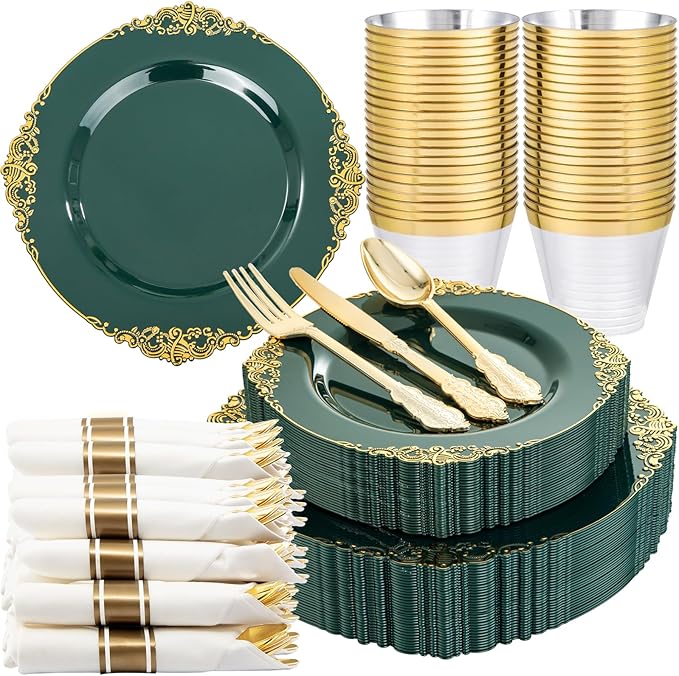 Nervure 175PCS Green Plastic Plates - Disposable Green Gold Party Plates & Pre Rolled Napkins with Cutlery for 25 Guests, 50Plates, 75Silverware, 25Cups, 25Napkin for Wedding & Party