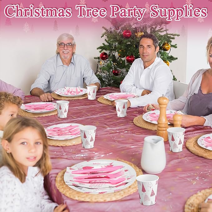 Pickmesh 400 Pcs Christmas Party Supplies Pink Silver Xmas Tree Snowflake Disposable Paper Plates Napkins Cups Cutlery for Winter Xmas Christmas Birthday Party Table Decorations Serve 50