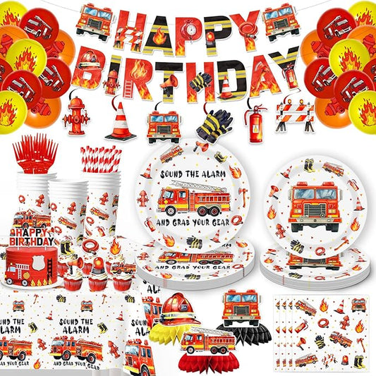 Fire Truck Party Supplies Firetruck Birthday Decorations Firefighter Disposable Plates Napkins Set, Banner, Hanging Swirls, Tablecloth, Cake Topper, Balloon, Fireman Honeycomb Centerpieces
