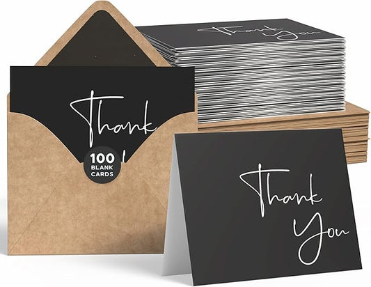 VNS Creations Thank You Cards With Envelopes Bulk Set & Stickers - 100 Pack 4x6 Blank Thank You Notes Bulk Box Set - Large Note Card Small Business, Wedding, Baby Shower & Bridal Shower - Black