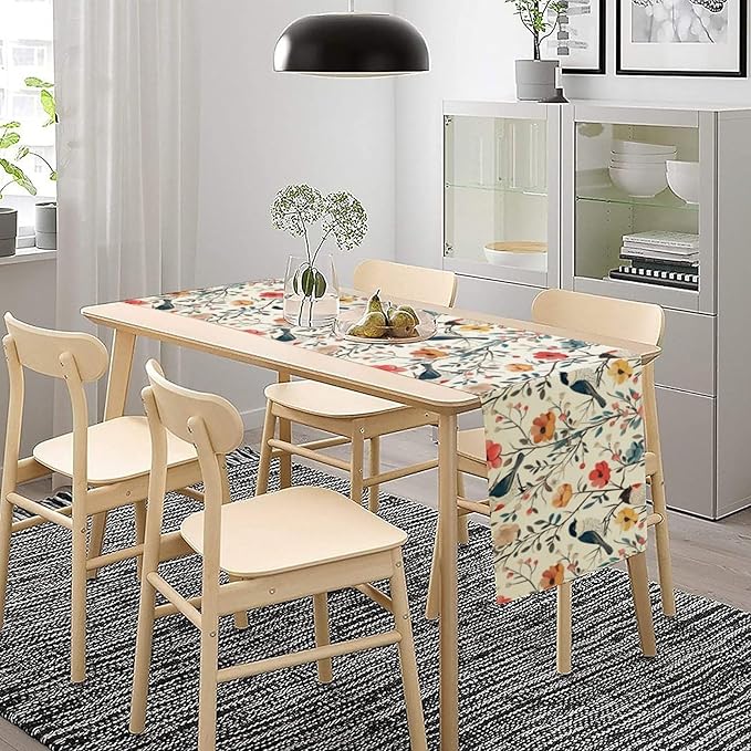 Spring Bird Floral Table Runner,Birds Table Runner Burlap Table Decoration for Summer Seasonal Home Kitchen Dining Dinner Indoor Holiday Farmhouse Decor 13x90 Inch