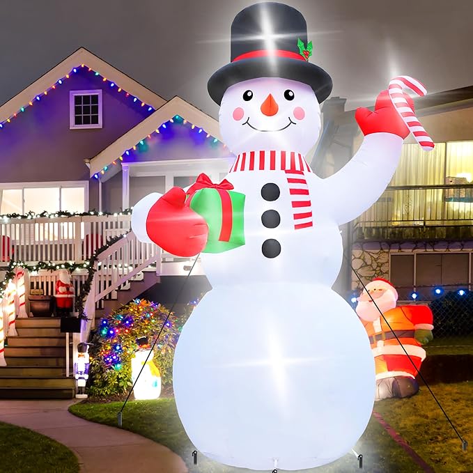 Christmas Inflatables, 14FT Snowman with Present Box and Candy Cane, Lighted Christmas Snowman Blow Up Decorations, Christmas Outdoor Inflatable Decor for Xmas Holiday Party Lawn Garden Patio
