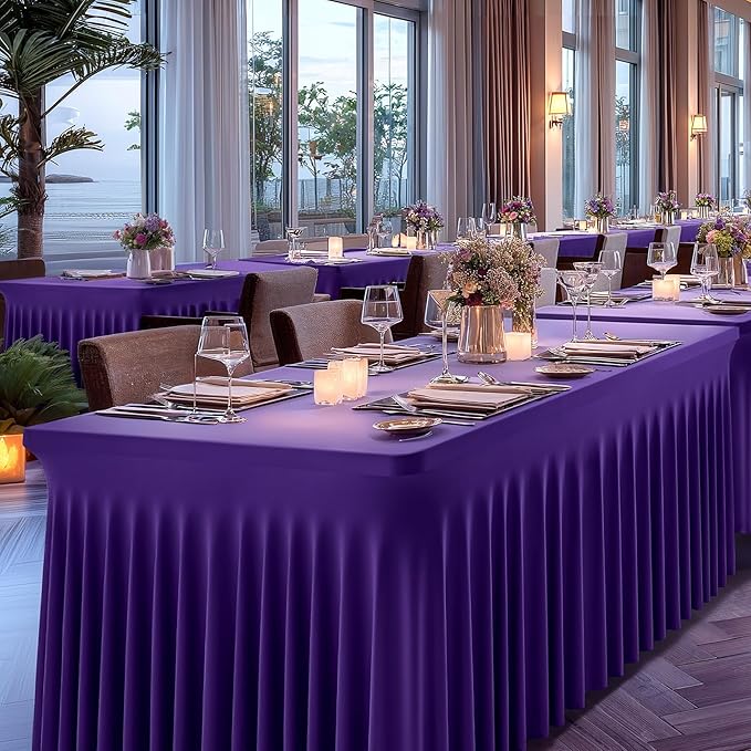 1 Pack Purple Table Clothes for 8 Foot Rectangle Tables, One-Piece Wrinkle Resistant Stretch Spandex Table Covers with Skirt for Event Banquet Wedding Birthday Party