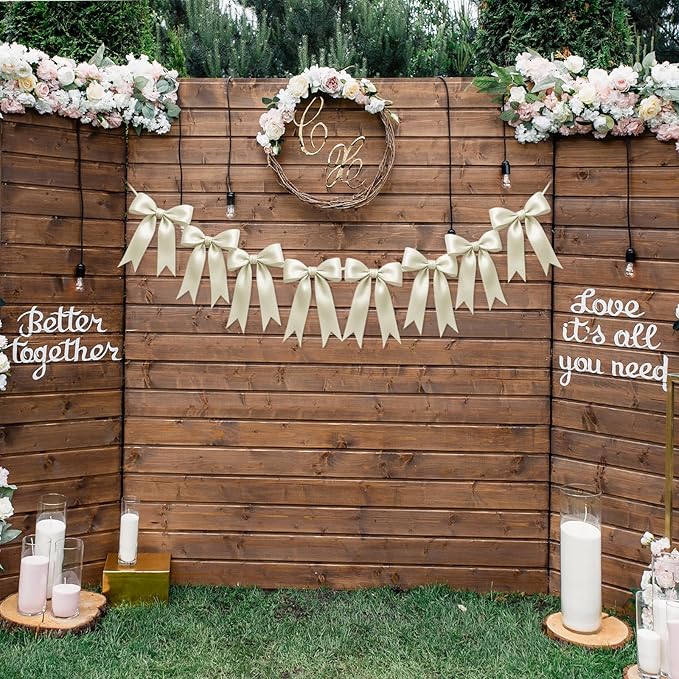 1 String of 8PCS Ivory White Bow Garland Banner Decoration,Pre-Strung Satin Ribbon Ornaments for Birthday,Bachelorette Party,Bridal Shower,Wedding,Engagement,Baby Shower,Graduation Decor,Anniversary