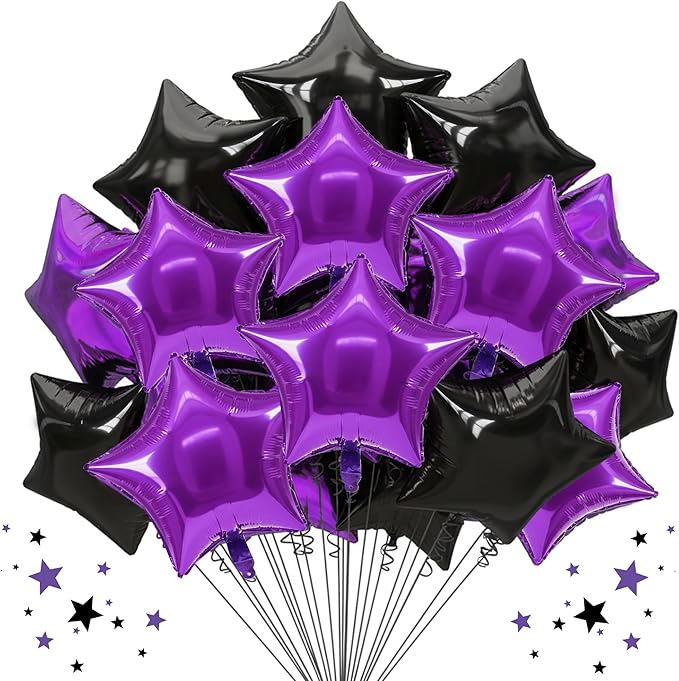 TONIFUL 30Pcs 18 Inch Large Purple Black Star Shape Foil Balloons Big Stars Helium Mylar Ballons for Halloween Birthday Wedding Baby Shower Anniversary Engagement Party Decorations Supplies