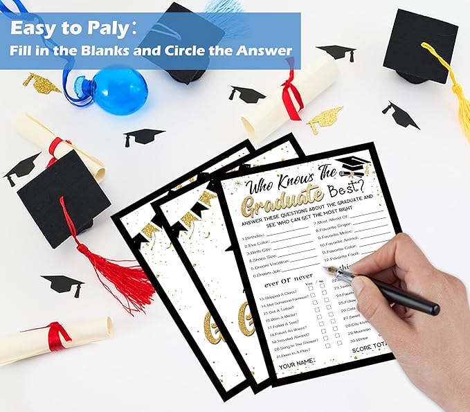 Who Knows The Graduate Best, 30 Black Gold Grad Party Games Cards, Graduation Games 2025 Party Favors, Graduation Party Decorations for Senior High School College University