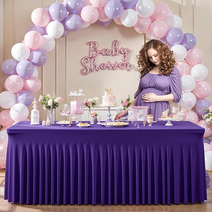1 Pack Purple Table Clothes for 8 Foot Rectangle Tables, One-Piece Wrinkle Resistant Stretch Spandex Table Covers with Skirt for Event Banquet Wedding Birthday Party