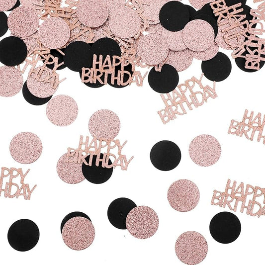 100Pcs Rose Gold and Black Happy Birthday Glitter Confetti, Polka Dot Pink Confetti, Sprinkling Table Scatter Paper Confettis, Pink and Black Birthday Decorations Party Table Decorations