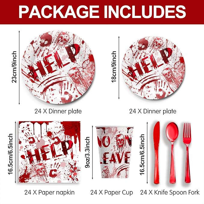 168 Pcs Hawlloween Bloody Party Supplies Tableware - Halloween Scary Party Decroations Include Plates, Cups, Napkins, Cutlery, Halloween Zombie Scary Party Decorations | 24 Guests