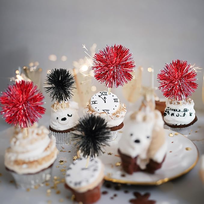 Gyufise 30Pcs Foil Firework Cupcake Toppers Sparkle Tinsel Cake Toppers Tinsel Drink Cake Decoration Cocktail Picks for Birthday Wedding Graduation Party Supplies Black Red