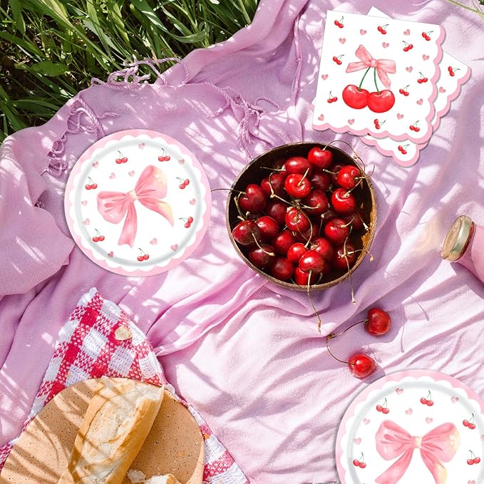 40PCS Cherry Birthday Party Decorations - Disposable Tableware Cherry Party Supplies, Plate, Napkin for Fruit Girls/Summer Cherry Theme Birthday Baby Shower Table Decorations Fit 20 Guests