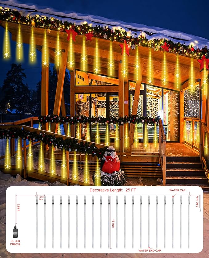 Christmas Lights Outdoor,16 Inch 20 Tubes Meteor Shower Light Falling Rain Drop String Lighting Icicle Snow Cascading Xmas String Decor for Tree Wedding Party Garden Holiday Decoration,Warm White