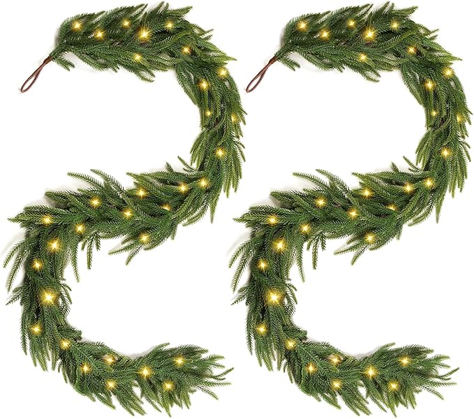 2Pcs Pre-lit Christmas Garland, 6FT Real Touch Lighted Norfolk Pine Garlands Battery Operated for Christmas Decorations with 35 LED RGB/WW String Lights, 8 Lighting Modes & Timer Function