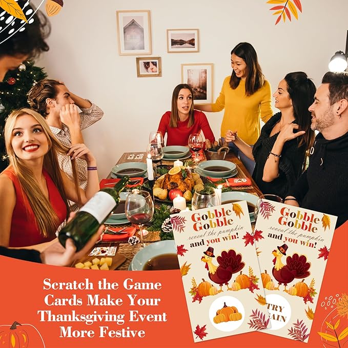 Thanksgiving Scratch Off Cards, 50 Fall Turkey Party Scratch Off Tickets, Autumn Pumpkin Game Cards for Adults Family Groups Supplies Classroom Activities - B02