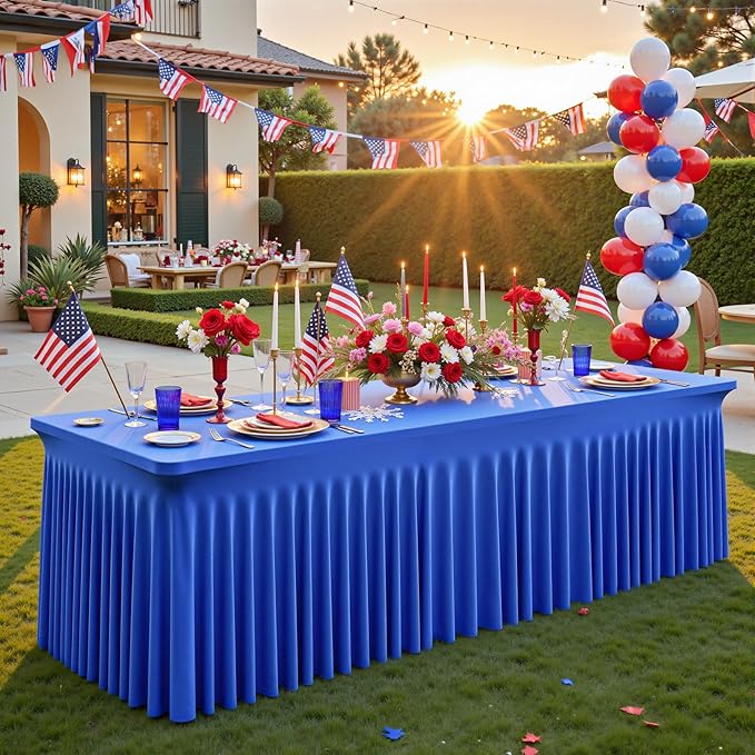 1 Pack Royal Blue Table Clothes for 8 Foot Rectangle Tables, One-Piece Wrinkle Resistant Stretch Spandex Table Covers with Skirt for Event Banquet Wedding Birthday Party