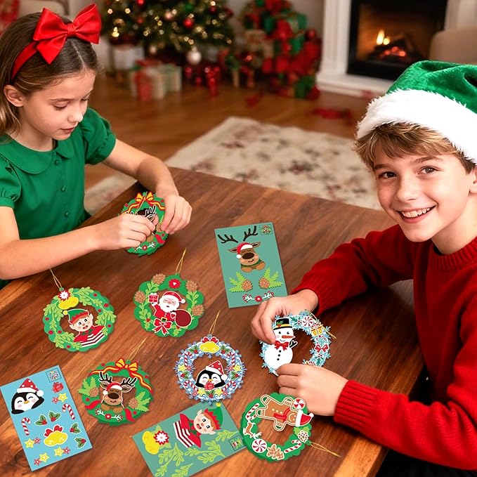 28 Pack Christmas Ornament Crafts for Kids Party Favors, Make Your Own Christmas Wreaths DIY Hanging Ornaments, Christmas Stickers for Crafts Kids Ornament Making Kit for Holiday Xmas Classroom