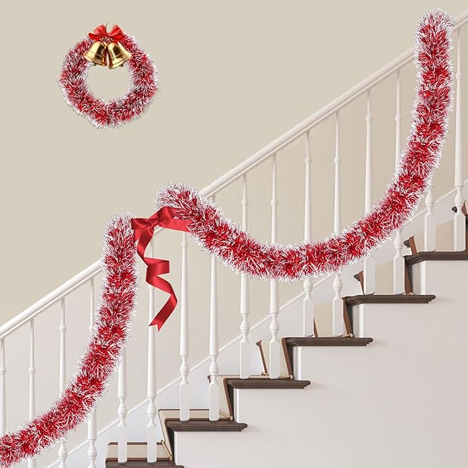 50FT Red White Christmas Tinsel Garland, Metallic Twist Xmas Garlands for Christmas Tree Decorations, Holiday Hanging Garlands for Mantel Staircase Indoor Outdoor Home Office Party Holiday Decor